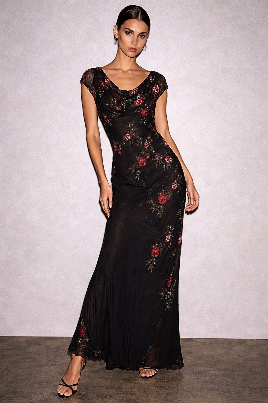 Vintage Y2K 90s Floral Chiffon Whimsygoth Bias Cut Cowl Gown Maxi Dress Medium
